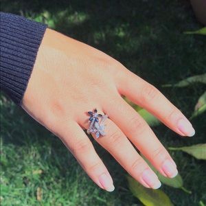 Cookie Lee Faux Diamond and Black Flower Ring
